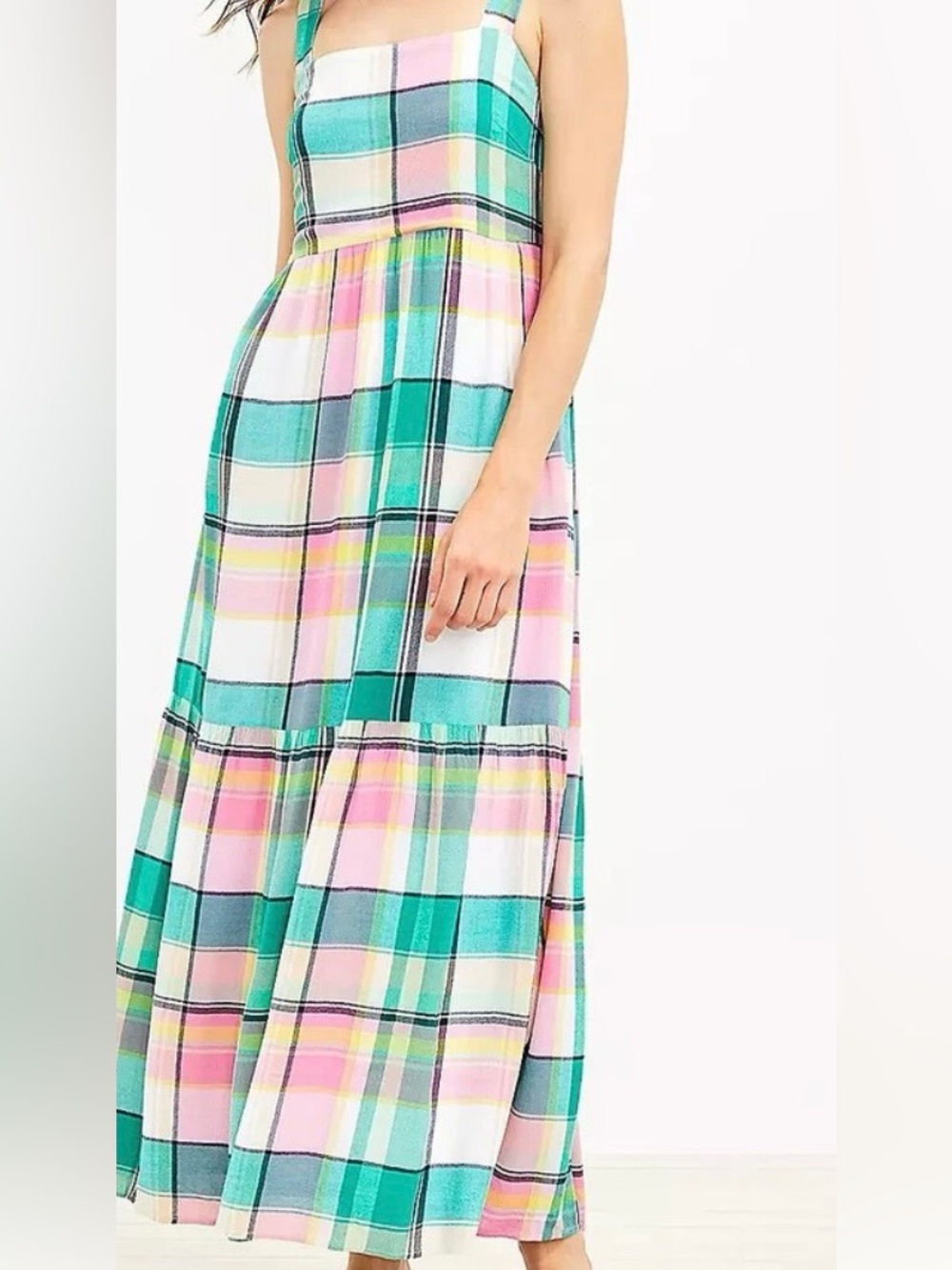 LOFT Pastel Plaid Tiered Maxi Skirt in Pink & Teal